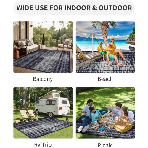 MontVoo Outdoor Rug Waterproof 8x10 ft Outdoor Carpet Patio Rug Mat Reversible RV Camping Rug Plastic Straw Outside Rug for Balcony Porch Deck Picnic Beach Modern Navy