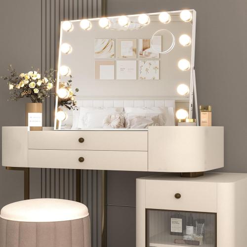 White 58x46 CASSILANDO Vanity Mirror with Lights,Hollywood Makeup Mirror, Large Vanity Lighted Mirror with 15 LED Bulbs, 3 Color Lighting Modes,58 * 46cm