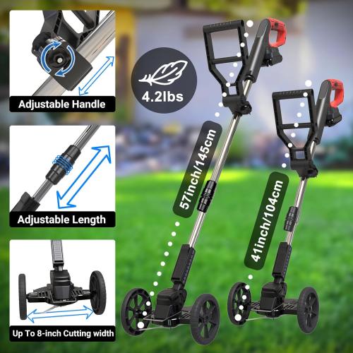 Orange Cordless Weed Wacker Eater Battery Powered, 21V Lightweight Electric Weed Trimmer with 2 Battery Operated & Charger& Wheels & Shears, No-String Grass Trimmer/Brush Cutter/Lawn Edger for Yard Garden