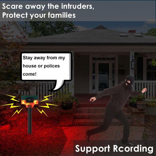 HULPPRE Solar Outdoor Motion Sensor Alarm-Dog Barking&Gunshot Sound,130db Loud Noise Maker,Support Recording,13 Kinds of Sound Strobe Light with USB,Say Goodbye to The Intruders