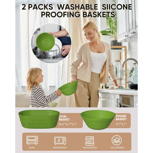 Sourdough Bread Baking Supplies 34 OZ Sourdough starter kit with 2 Bread Proofing Basket - Green