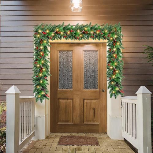 9ft Prelit Christmas Garland with Lights, Battery Operated Lighted Garland Pine Cones & Red Berries, Christmas Decoration for Mantle, Fireplace Indoor & Outdoor （Pine）