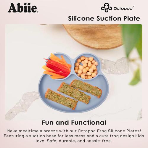 Abiie Octopod Frog Silicone Plates with Suction - Spill Proof, Easy to Clean - BPA-Free Bowl - Suction Plates for Baby and Toddler - Training & Feeding Divided Grip Dish (Sage Green)