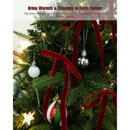 Velvet Christmas Tree Bows – 24 Pcs Holiday Bows (3/8 Wide, 5x7) with Star Clips – Easy Hanging for Tree, Wreath, Gifts & Décor (Burgundy)