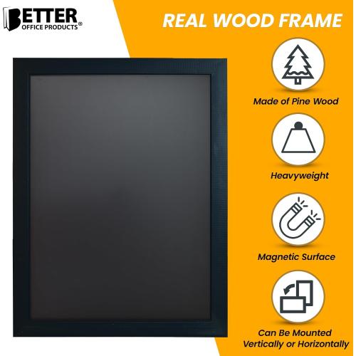 Magnetic Wall Chalkboard, Large Size 18 x 24, Rustic Wood Frame, Chalkboard Sign, Vertical or Horizontal Wall Mount, Includes Chalk and Eraser, by Better Office Products (Solid Black)