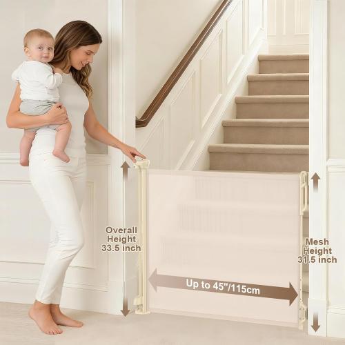 SPACEANY Retractable Safety Baby Gate or Mesh Dog Gate,Durable Portable Mesh Retractable Gate,Easy to Use for Stairs, Doorways, Hallways, Indoor, Outdoor, 33.5 Tall, Up to 45 Wide, Cream