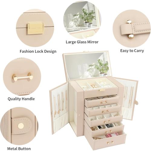 Jewelry Storage Box, Jewelry Organizer with 22 Necklace Hooks, Large Jewelry Box for Ring Bracelet Necklace Earrings (Apricot)