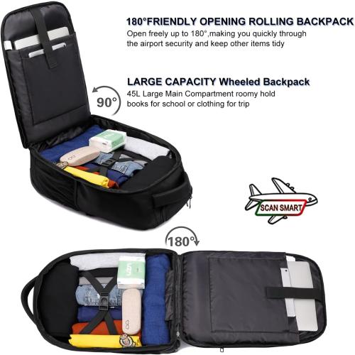 Rolling Backpack, Large Backpack with Wheels for Men Women Adults,  Waterproof Wheeled Travel Laptop Backpack Carry on Luggage Bag Trolley Suitcase Business College School Computer Bookbag,Black