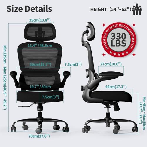 TRALT Office Chair Ergonomic Desk Chair - Gaming Chair with Lumbar Support | 330 LBS Home Office Desk Chairs with Headrest, Reading Chair with Flip-up Armrests, Comfortable Computer Chairs (1, Black)