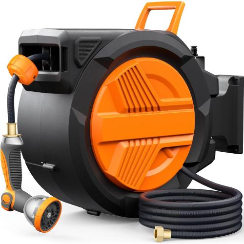 Size 1/2 x 100ft Color Orange Retractable Garden Hose Reel 1/2” x 100ft, Auto Rewind Hose Reels for Outside, Heavy-Duty Wall-Mounted Outdoor Hose, 10-Mode Nozzle, Adjustable Length, 180° Rotation for Watering, Car & Pet Washing
