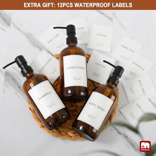 GMISUN Shampoo and Conditioner Dispenser, 3 Pack Amber Glass Bathroom Shampoo Conditioner Body Wash Dispenser with Pump for Shower, 17 Fl Oz Hand Soap Dish Soap and Lotion Dispenser Set for Kitchen