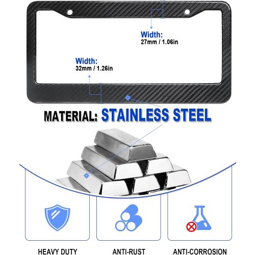 Carbon Fiber License Plate Frame- Stainless Steel Car Tag Holder Wrapped with Real Carbon Fiber, 2 Hole Wide Edge, Anti-Theft Screws Caps, Rattle-Proof Pad, 1 Pack for Front or Rear