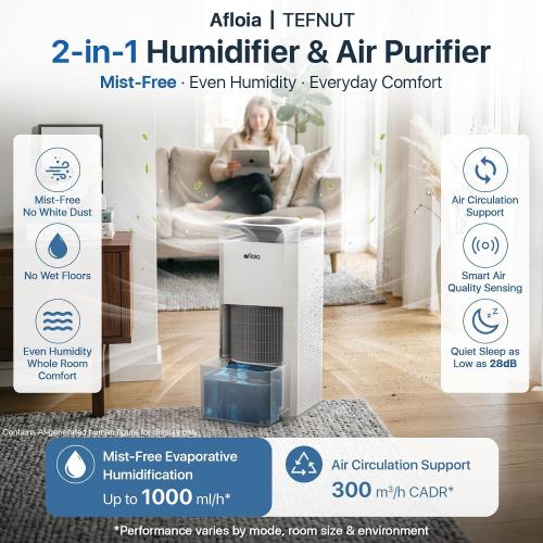 Afloia 1000ml/h Mist Free Humidifier and Air Purifier in One for Bedroom | Evaporative Humidifier Combo, 4-Way Airflow, Top Fill Design, Quiet Sleep Mode, Up to 20H Runtime, Auto Humidity Control