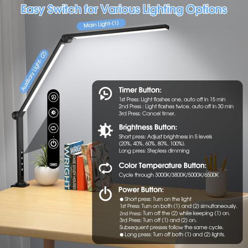 Black ShineTech LED Desk Lamp with Clamp, Architect Lamp for College Dorm & Home Office, Dual Lights with 4CCCT & 5 Brightness Levels for Sewing, Studying, Working