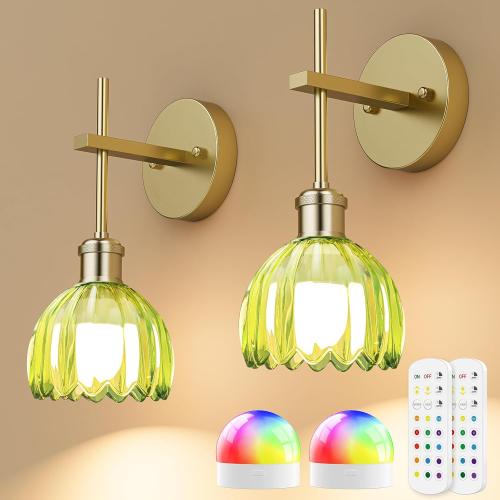 Battery Operated Wall Sconce with Green Tulip-Shaped Lampshades, Wireless Rechargeable Sconces Wall Decor Set of 2 with Remote Control, 12 RGB Colors & 3 CCT Settings (Green)