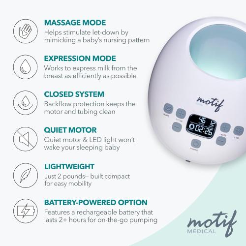 Motif Medical Luna Double Electric Pump for Breastfeeding - Portable Pump Breastfeeding w/Battery - Hospital Grade Pump w/LED Light - Hands-Free Breast Pump, Quiet Motor Baby Breast Pump