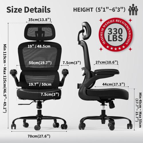 TRALT Ergonomic Office Chair - Desk Chair with Adjustable Headrest Lumbar Support Computer Chair - Mesh Comfy Chair with Flip-up Armrests - Gaming Chairs for Adults Home Office (Leather, Black) | Home Office Desk Chairs with Flip-up Armrests & 3D Headrest - Mesh Gaming Chair for Adults, 330lbs, PU Leather (Black, 1)