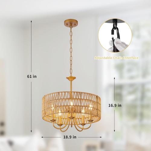 5-Light Boho Large Rattan Chandelier Light Fixture, Gold Rattan Chandeliers for Dining Room with Hand Woven Shade, Farmhouse Rustic Drum Hanging Pendant Light Fixture for Living Room, Hallway, Foyer
