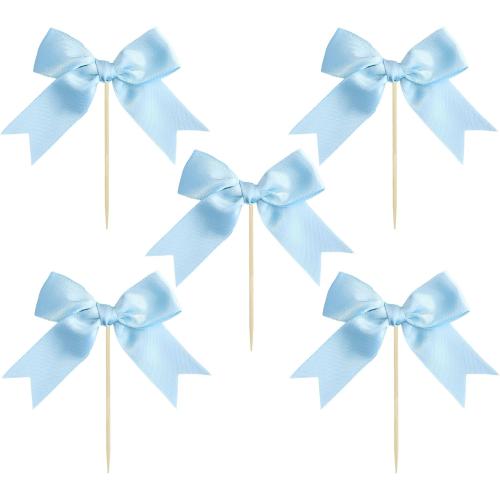 Ephlyn 24Pcs Bow Cupcake Toppers Bowknot Cake Toppers Bow Cupcake Picks Bowknot Birthday Party Decorations for Wedding Bridal Engagement Baby Shower Birthday Party Supplies Light Blue