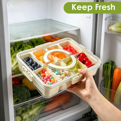 HRXFOZ Divided Serving Tray with Lid and Handle, 8 Compartment Snack Box, Portable Snack Platter for Fruits, Veggies, Nuts, Party Entertaining, Picnic (1 PCS)