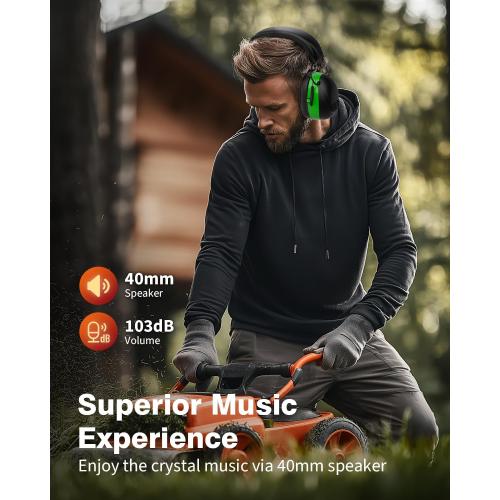 Bluetooth 6.0 Hearing Protection Headphones with 120H Working Time, 30dB SNR, Superior Stereo Sound Quality, Larger Buttons for Easy Operation, Safety Ear Muffs for Lawn Mowing, Workshops