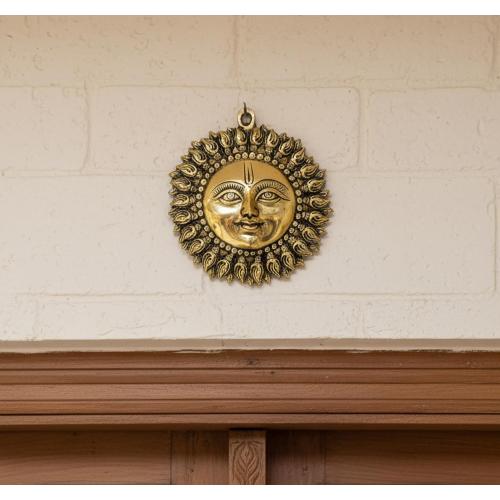 StonKraft Brass Wall Hanging Sun Face Idol | Surya Dev Bhagwan Metal Wall Decor | Art Sculpture for Home & Office Decor for Positivity, House Warming Gift – 6.25 Inches, Golden