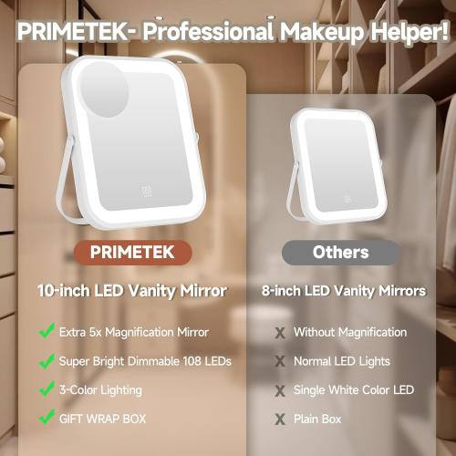 Size 10x8 Color White PRIMETEK LED Vanity Mirror with Gift Box, 10x8 Lighted Hollywood Makeup Mirror, Portable Travel Makeup Mirror with Lights, 3-Color Lighting, 5X Magnification, for Vanity Desk, Bedroom, Gifts for Her
