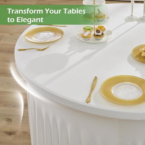 NSSONBEN 8 pk Ivory Round Spandex Tablecloth 72 in with Ruffled Skirt,Wrinkle Free High-Stretch 132 inch Fitted 6ft Cream Table Cloths Round Spandex Table Covers 6ft for Party Wedding Banquet Dinning