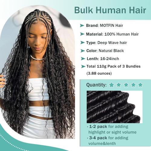 MOTFIN Human Braiding Hair for Boho Braids 20 Inch Curly Wave Bulk Bundles