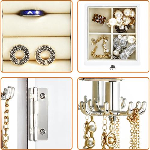 RR ROUND RICH DESIGN Vintage Jewelry Armoire with Mirror White | Solid Wood Jewelry Box Organizer with 5 Drawers & 2 Glass Doors - Large Capacity Desktop Dresser Case