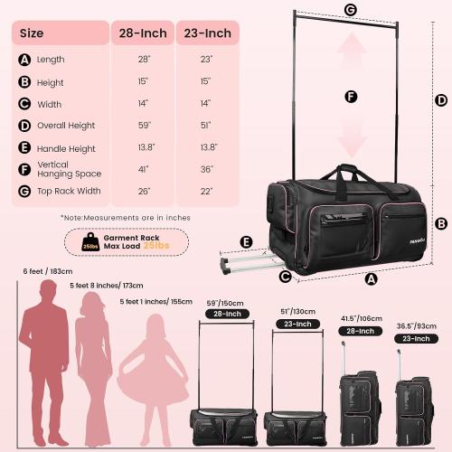 Fanwoli  Dance Bag with Garment Rack | Upgraded Stable System & Fabric | More Lightweight & Wear-Resistant | Ideal Competition Rolling Duffle Bag | Black/Pink Trim