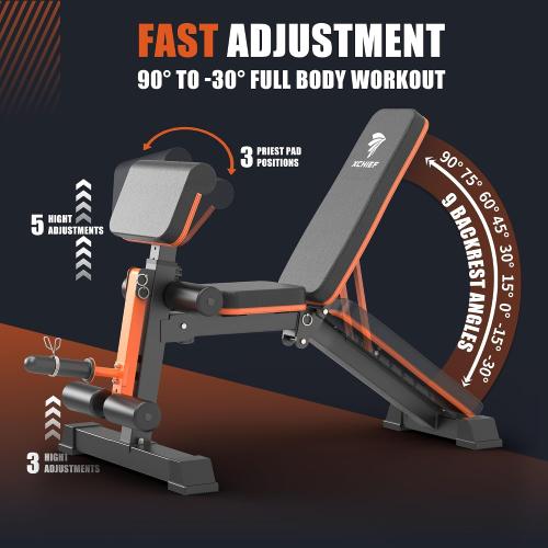 Black and Orange Adjustable Weight Bench - 1000LBS Heavy Duty Foldable Workout Bench Press with Leg Extension and Preacher Pad, Flat/Incline/Decline, Sit Up Bench for Full Body Strength Training at Home Gym