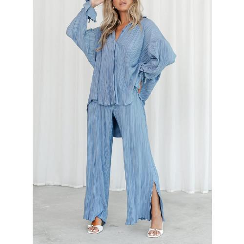 NUFIWI Women Large Pleated 2 Piece Pants Outfits Casual Loose Button Shirt Blouse Top Long Wide Leg Palazzo Pants Set Jumpsuit
