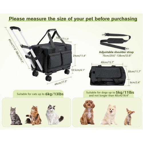 DARK GREY Pecute Cat Carrier with Wheels,Steel Wire Frame Cat Carrier, Stable Pet Trolley Bag for Cats, Pet Handbag and Stroller, Portable Cat Carrier Bag for Car Travel Bus Subway, Dark Grey