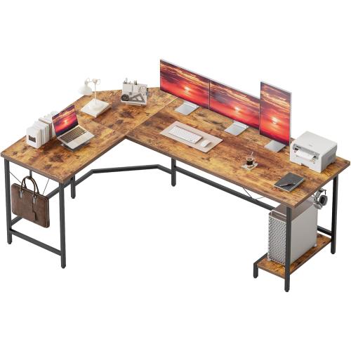 Mericonia 59 inch Large L Shaped Desk, Simple Corner Gaming Desk with CPU Stand & Hooks, Computer Desk for Home, Bedroom & Office Workspace, Rustic Brown
