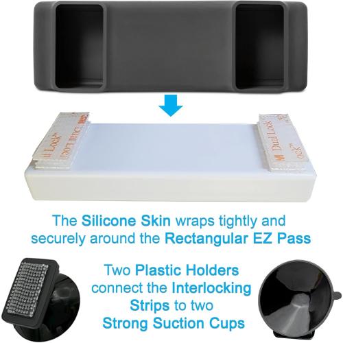 Silicone Skin   Holders for The New Rectangular EZ Pass with Interlocking Strips (NJ, PA...) - Includes Strong Suction Cups and Plastic Holders for an All-Black Look