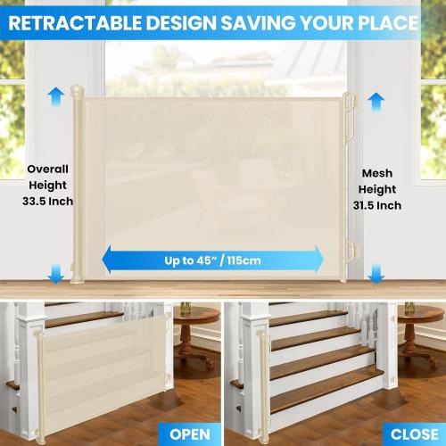 Retractable Safety Baby Gate or Mesh Dog Gate,Durable Portable Mesh Retractable Gate,Easy to Use for Stairs, Doorways, Hallways, Indoor, Outdoor, 33.5 Tall, Up to 45 Wide, Cream