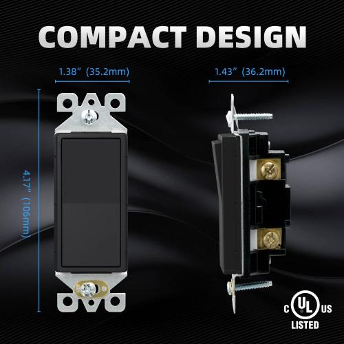 ELEGRP Matte Black Single Pole Decorator Light Switch, 15Amp, 120-277V, Decorative Paddle Rocker Switch Replacement, On/Off Wall Switch, Self-Grounding, Residential/Commercial Grade, UL/CUL (10 Pack)