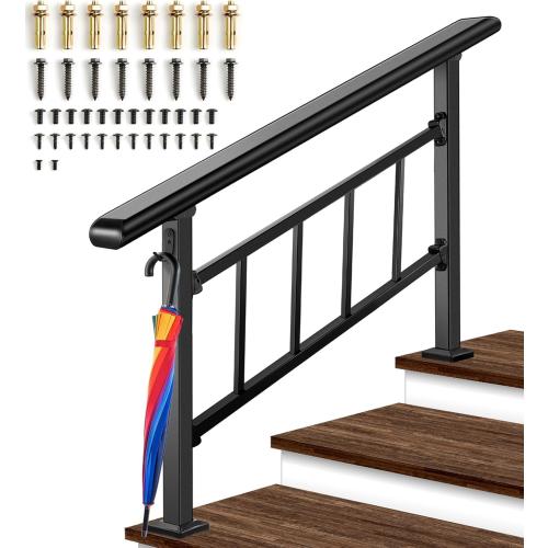 Updated Adjustable 3 Step Stair Handrails for Outdoor Steps, Versatile Stair Railings Transitional Exterior Handrails for Step with Hook and Installation Kit