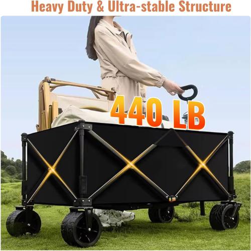 Collapsible Foldable Wagon Cart with Big Wheels and Tabletop, Large Capacity 440Lbs Folding Utility Wagon Carts for Sand, Beach, Camping, Shopping, Sport (Gray)