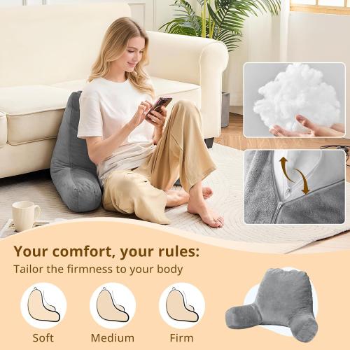 Sasttie Reading Pillows for Sitting in Bed Adult, Velvet Back Pillow Bed Sitting Up, Back-Rest Support Cushion for Sit Up on Couch, Sofa, and Floor, Dorm Essentials, Oeko-Tex Certified, Dark Grey