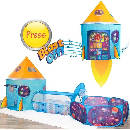 W&O Rocket Ship Play Tent with Tunnel, Ball Pit and Blast Off Button - Inspire Creative Play for Kids - Perfect for Indoor & Outdoor Adventures