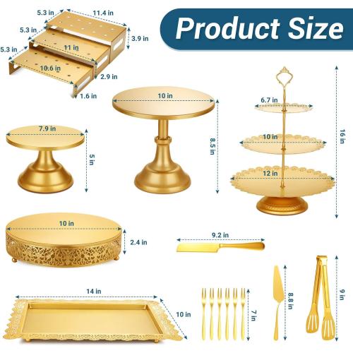 Audab Metal Gold Dessert Table Display Set Including Cake Stands, Cupcake Tower Stand, Dessert Tray, Risers Stands, Cake Cutting Set and Serving Tongs for Wedding, Birthday Party Decor