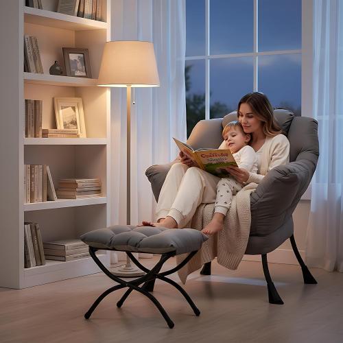 Welnow Lazy Chair with Ottoman, Reading Chair with Footrest,Dark Grey | A Side Pocket,Armrests,Foldable Footrest,Thick Cushioned Seat & Backrest, Lounge Chair for Bedroom,Living Room & Small Space