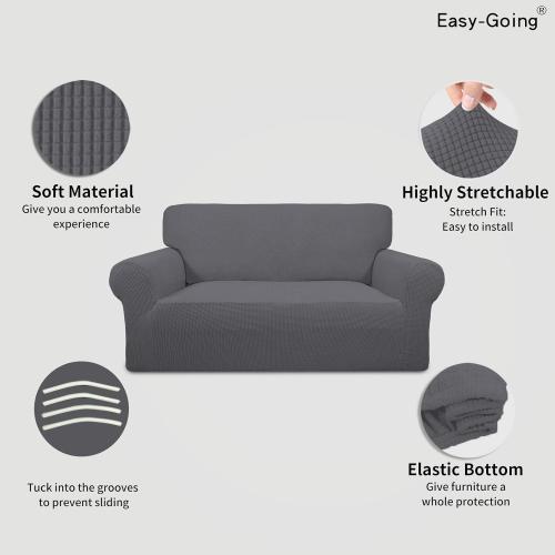 Easy-Going Stretch Loveseat Slipcover 1-Piece Sofa Cover Furniture Protector Couch Soft with Elastic Bottom for Kids Polyester Spandex Jacquard Fabric Small Checks (Loveseat, Grey)
