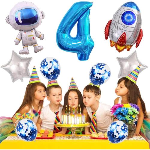 Astronaut Rocket 4th Birthday Party Balloons Jumbo Spaceman Birthday Balloons Outer Space Theme Foil Balloons 32 Inch Blue Number 4 Helium Balloon for Birthday Party