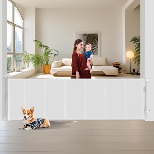 Upgraded 150 inch Retractable Baby Gates Extra Wide with Reinforced Strip Design to Prevent Crawling Through, 34 Tall, 12 FT Wide Retractable Dog Gate, Retractable Gate for Indoor/Outdoor