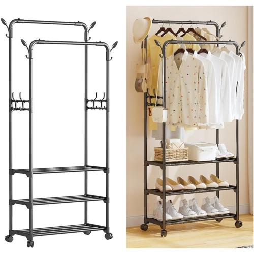 Color Black Double Rods Metal Clothes Rack with Wheels,Rolling Garment Rack for Hanging Clothes,Sturdy Portable Wardrobe Rack with 3 Bottom Shelves for Bedroom, Laundry & Living Room