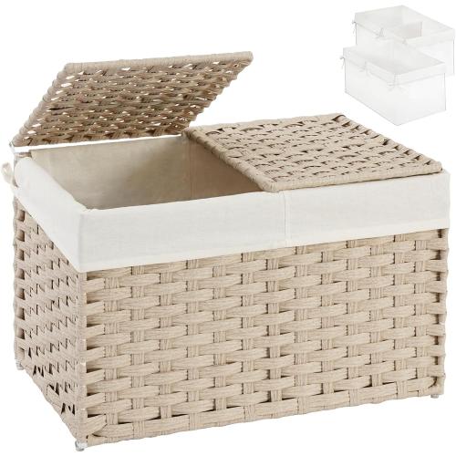 SETVSON Storage Basket with Lid Rattan Woven Storage Baskets with 2 Separate Lids, 17.2 Gallon (65 L) Wicker Storage Bins Foldable 2 Removable Liner Bags Handles for Bedroom, Laundry Room Light Khaki