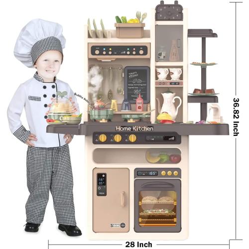 Play Kitchen for Kids, Interactive Play with Lights and Sounds, Real Steam, Play Sink, Cutting Food Set, 65 PCS Toy Kitchen Set for Boys Girls